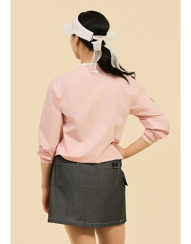 챌린저 [챌린저] 여성 경량 스트레치 소매 포켓 라운드넥 우븐탑 핑크 착용컷