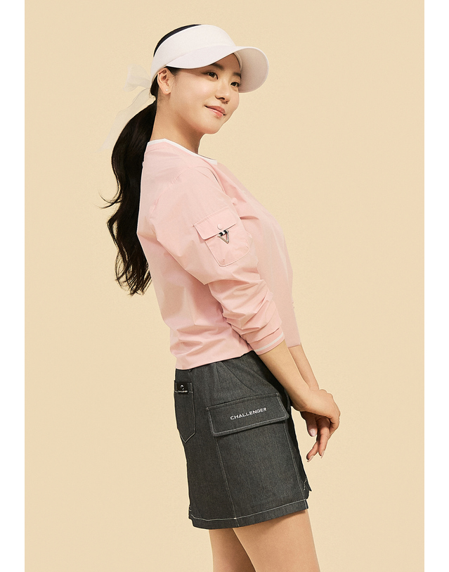 챌린저 [챌린저] 여성 경량 스트레치 소매 포켓 라운드넥 우븐탑 핑크 착용컷