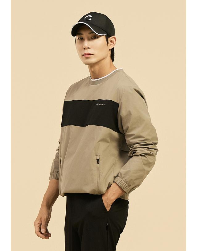 챌린저 [챌린저] 남성 폴리 배색 라운드넥 우븐탑 베이지 착용컷