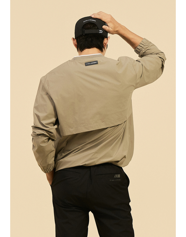 챌린저 [챌린저] 남성 폴리 배색 라운드넥 우븐탑 베이지 착용컷