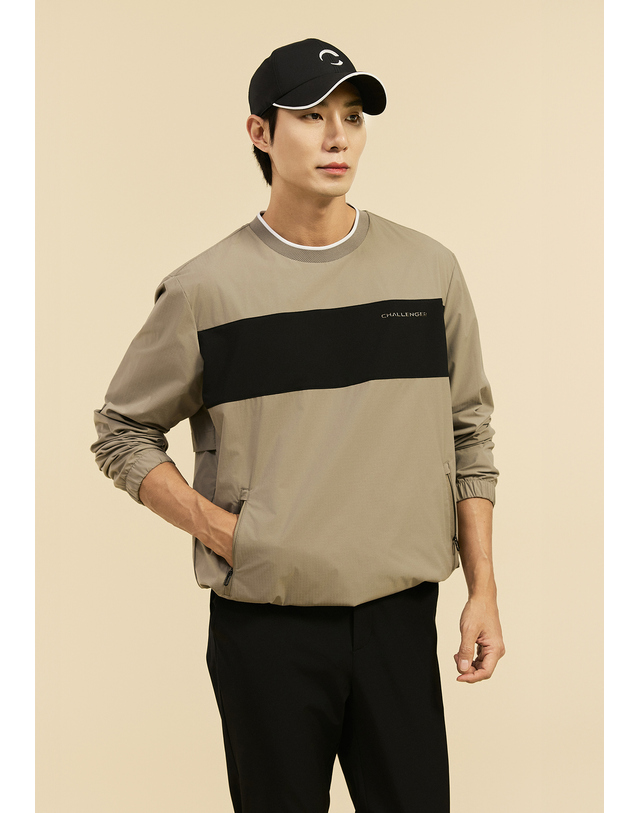 챌린저 [챌린저] 남성 폴리 배색 라운드넥 우븐탑 베이지 착용컷