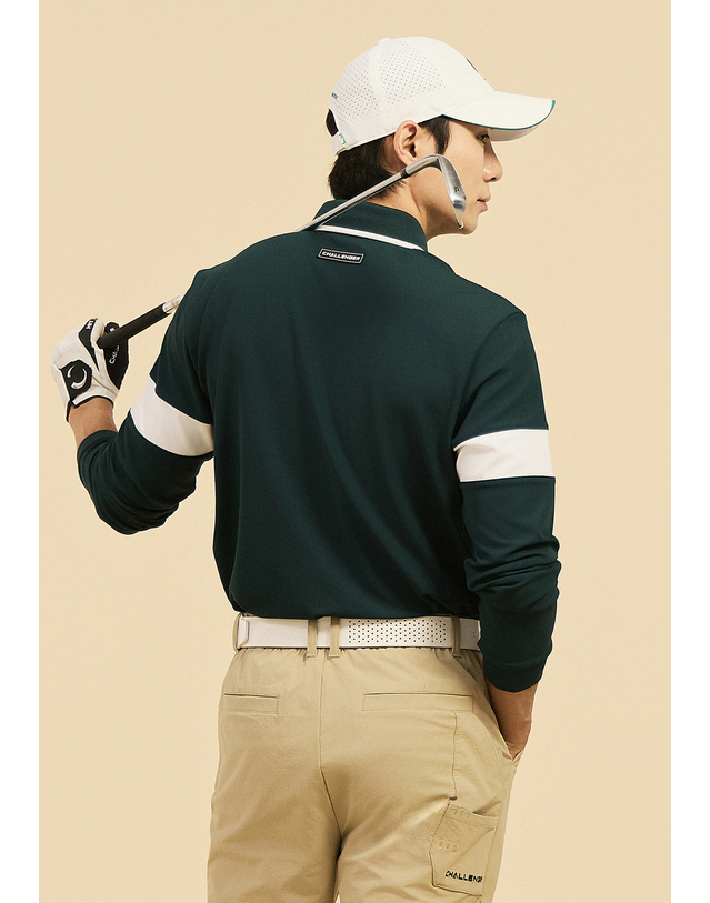 챌린저 [챌린저] 남성 에센셜 소매 배색 카라 긴팔 티셔츠 다크그린 착용컷
