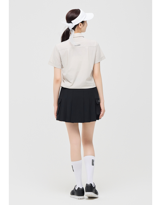챌린저 [챌린저] 여성 에센셜 폴리스판 카고포켓 플리츠 큐롯 블랙 착용컷
