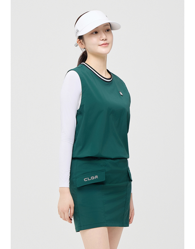 챌린저 [챌린저] 여성 에센셜 스트라이프 밑단 스트링 라운드 베스트 다크그린 착용컷
