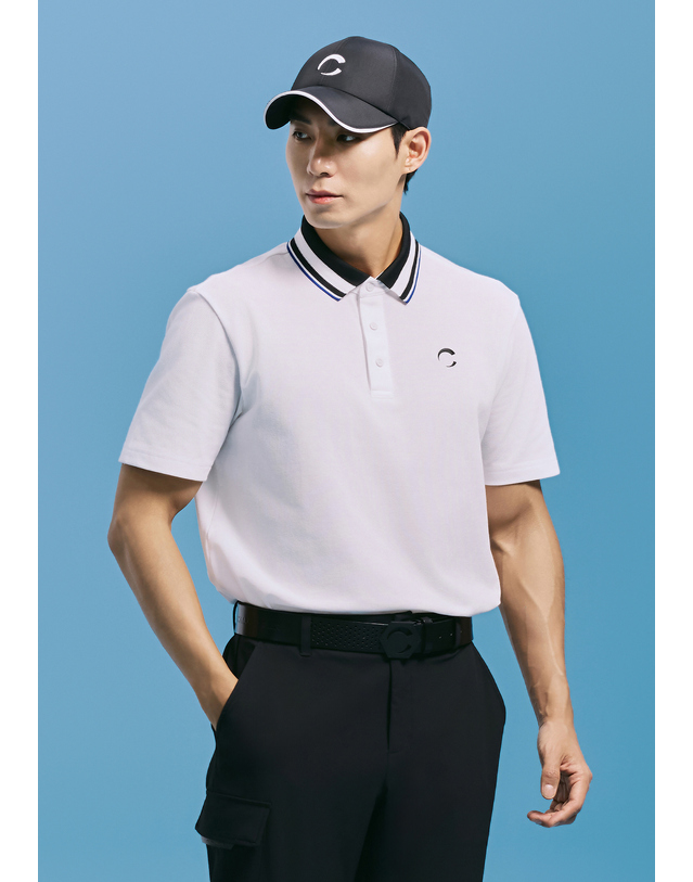 챌린저 [챌린저] 남성 PQ소재 배색 포인트 카라 반팔티 화이트 착용컷