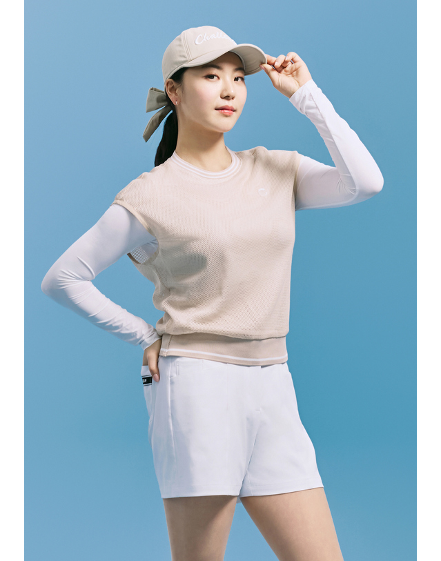 챌린저 [챌린저] 여성 메쉬 냉감 이너 레이어드 썬가드 티셔츠 베이지 착용컷