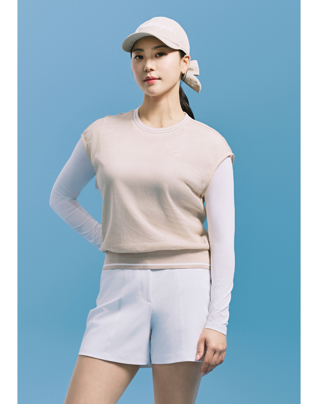 챌린저 [챌린저] 여성 메쉬 냉감 이너 레이어드 썬가드 티셔츠 베이지 착용컷