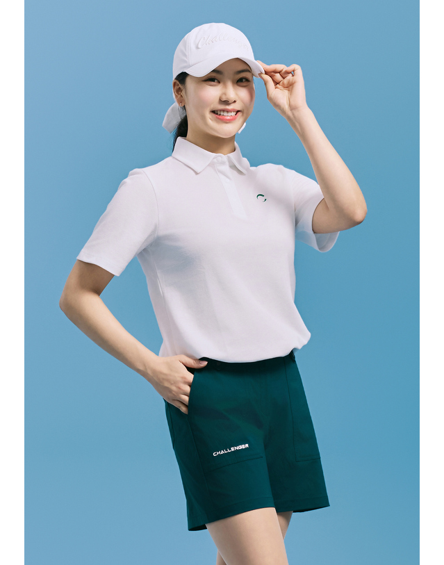 챌린저 [챌린저] 여성 폴리 PQ 5부소매 스트링 카라 반팔티 화이트 착용컷