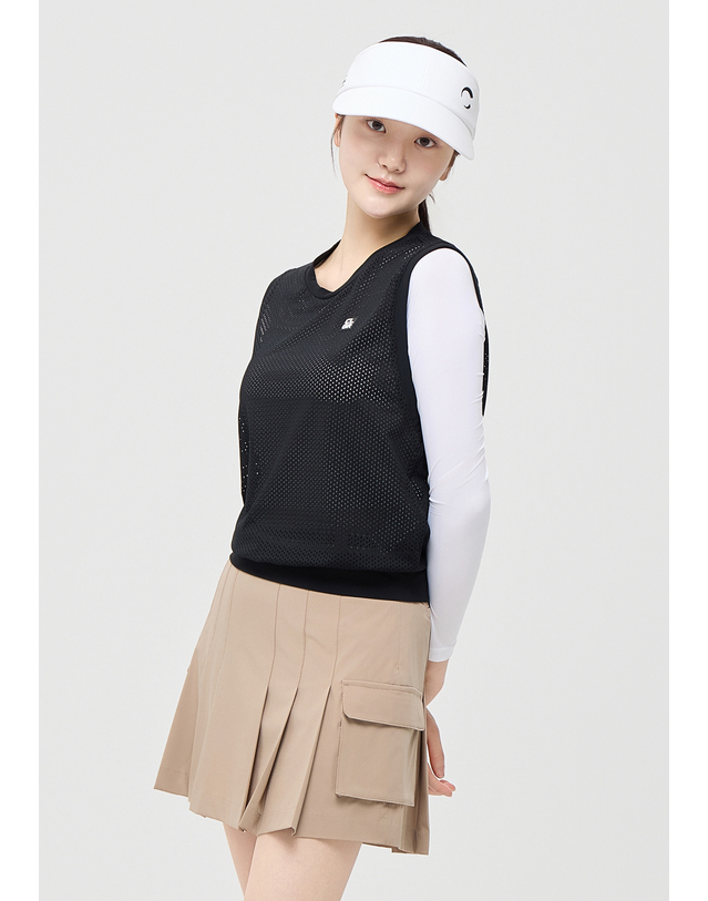 챌린저 [챌린저] 여성 스트레치 메쉬 라운드넥 골프 베스트 블랙 착용컷
