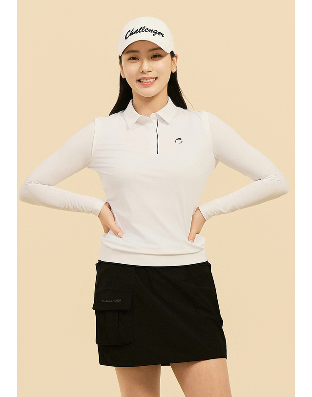 챌린저 [챌린저] 여성 냉감소매 카라 긴팔 썬가드 티셔츠 화이트 착용컷