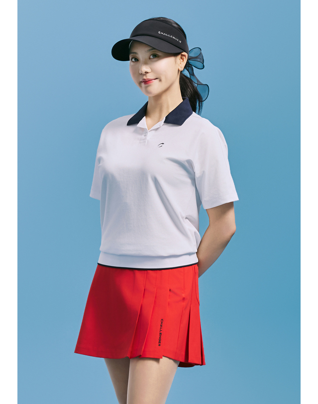 챌린저 [챌린저] 여성 PQ소재 배색 오픈 카라 반팔 티셔츠 화이트 착용컷