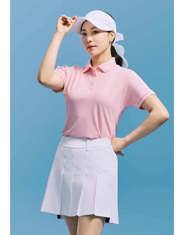 챌린저 [챌린저] 여성 폴리 피케 배색 카라 반팔 티셔츠 라이트핑크 착용컷