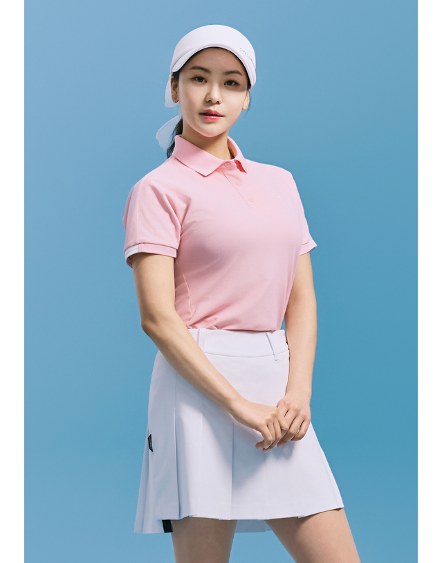 챌린저 [챌린저] 여성 폴리 피케 배색 카라 반팔 티셔츠 라이트핑크 착용컷