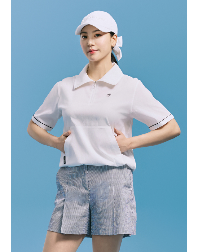 챌린저 [챌린저] 여성 크링클 2WAY 카라 반팔 우븐탑 화이트 착용컷