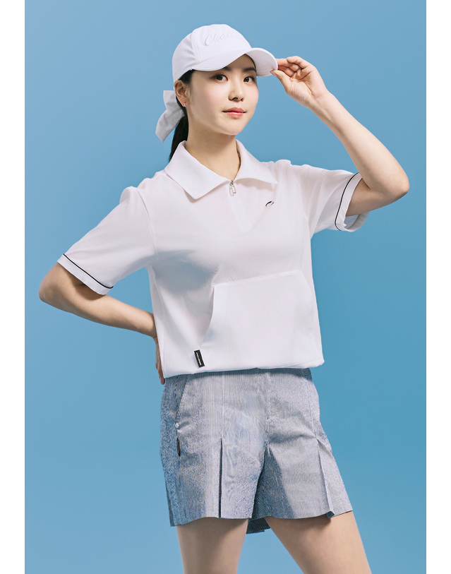 챌린저 [챌린저] 여성 크링클 2WAY 카라 반팔 우븐탑 화이트 착용컷