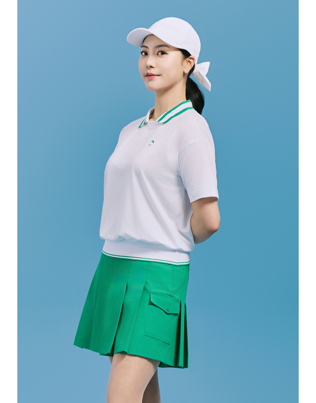 챌린저 [챌린저] 여성 쿨 터치 배색 립 디테일 카라 반팔 티셔츠 화이트 착용컷