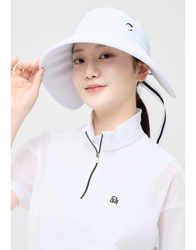 챌린저 [챌린저] 여성 와플 텍스처 탈부착 리본 포인트 와이드 챙 썬캡 화이트 착용컷
