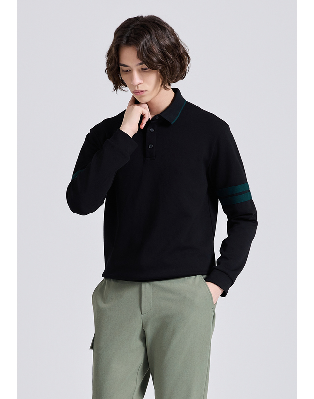 챌린저 남성 더블라인 소매배색 카라넥 긴팔 티셔츠 블랙 착용컷