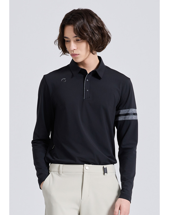 챌린저 남성 모던 소매라인 포인트 카라 긴팔 티셔츠 블랙 착용컷