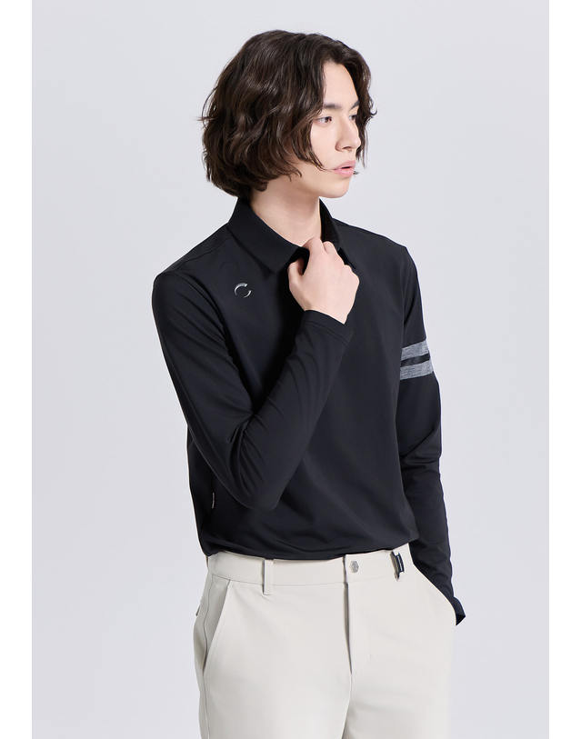 챌린저 남성 모던 소매라인 포인트 카라 긴팔 티셔츠 블랙 착용컷