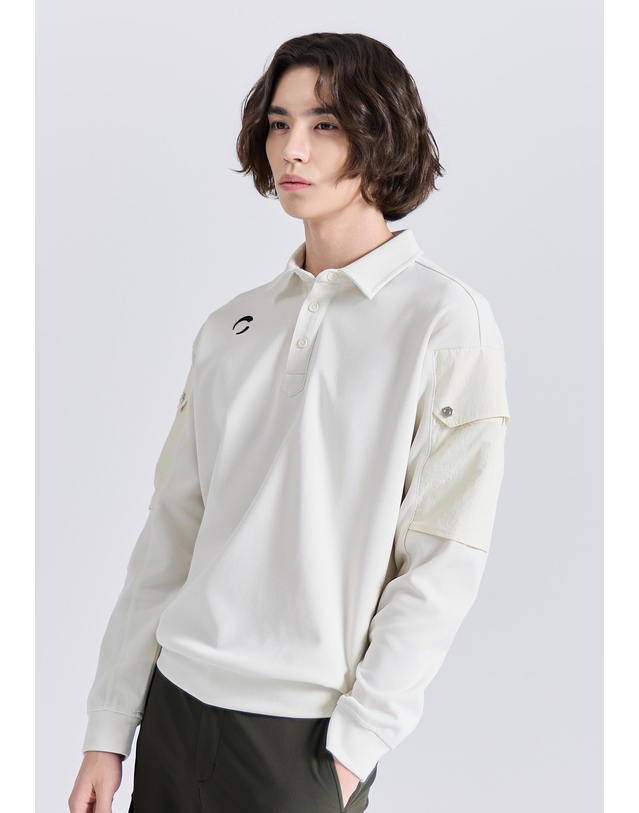 챌린저 남성 유니크핏 소매포켓 카라 긴팔 티셔츠 크림 착용컷