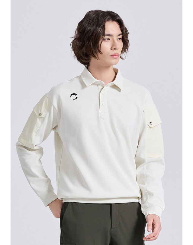 챌린저 남성 유니크핏 소매포켓 카라 긴팔 티셔츠 크림 착용컷