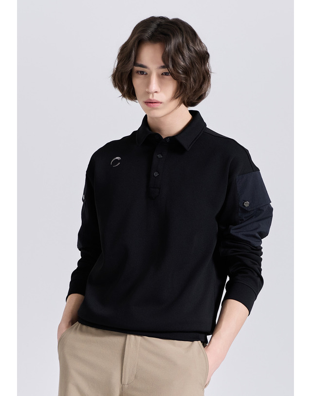 챌린저 남성 유니크핏 소매포켓 카라 긴팔 티셔츠 블랙 착용컷