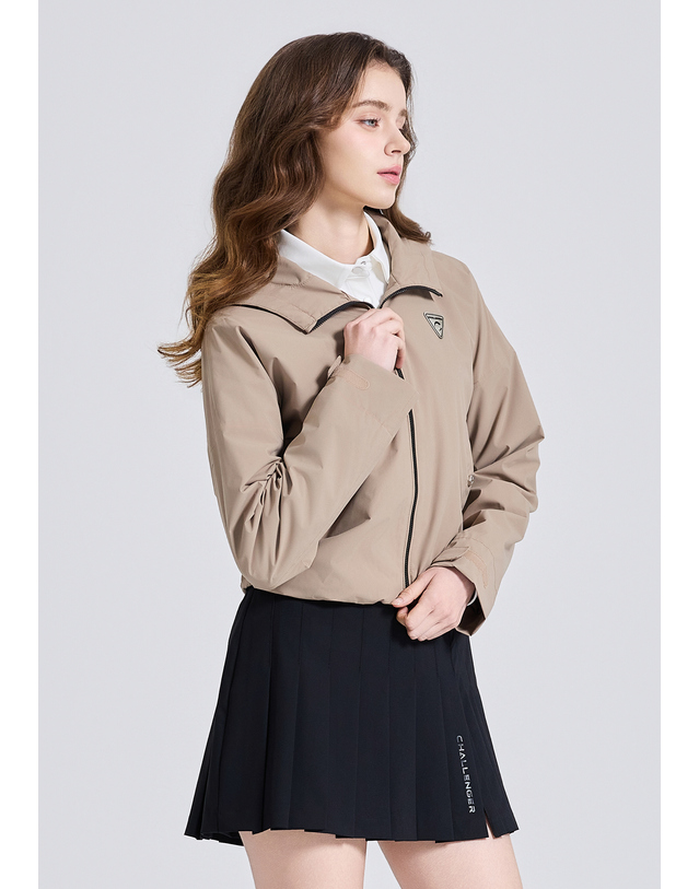 챌린저 여성 소프트터치 오버핏 2레이어 방풍 후드 자켓 베이지 착용컷