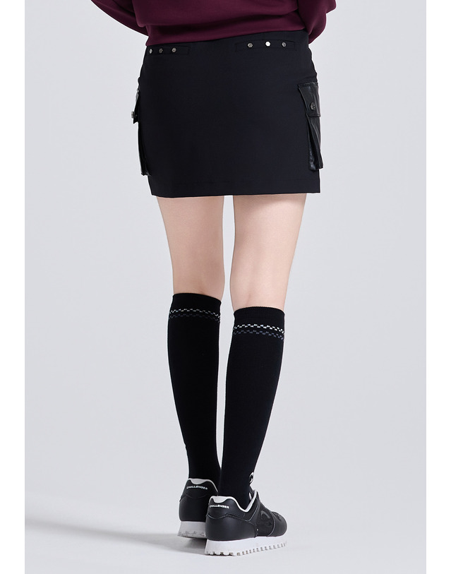 챌린저 여성 트렌디 레더 벨트 포켓 H라인 큐롯 스커트 블랙 착용컷