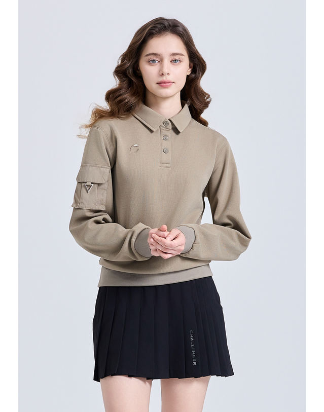 챌린저 여성 우븐포켓 카라넥 긴팔 기모 티셔츠 베이지 착용컷