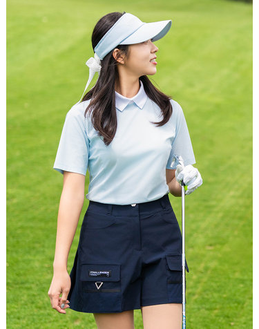 여성 슬림핏 니트 카라 반팔 티셔츠 스카이블루