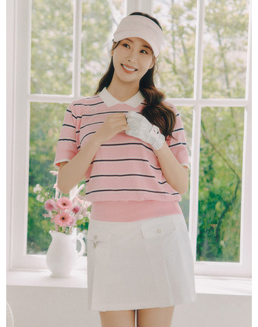 여성 린넨 스트라이프 카라 반팔 니트 핑크