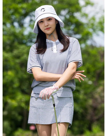 여성 베이직 후드 반팔 우븐탑 스카이블루