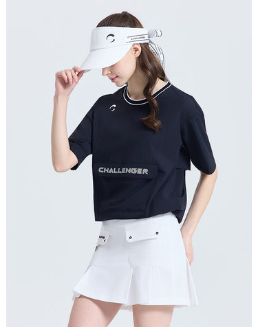 여성 캥거루 포켓 라운드 반팔 우븐탑 블랙