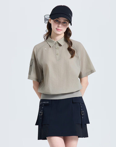 여성 모노엣지 소매 포켓 카라 반팔 우븐탑 샌드
