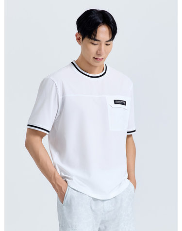 남성 인포켓 라운드 반팔 우븐탑 화이트