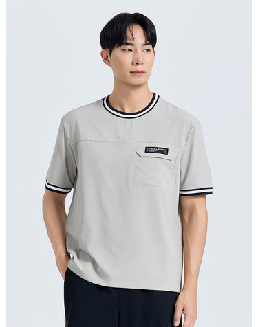 남성 인포켓 라운드 반팔 우븐탑 베이지