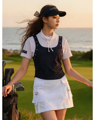 여성 베스트 레이어드 모크넥 반팔 티셔츠 화이트