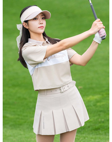 여성 블록 배색 PQ 카라 반팔 티셔츠 라이트베이지