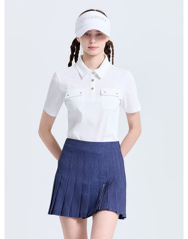 여성 슬림핏 Y카라 반팔 티셔츠 화이트