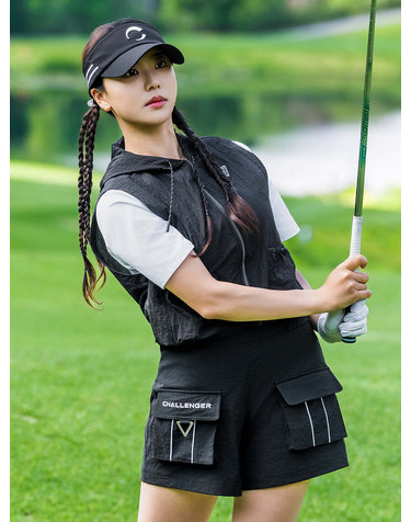 여성 메쉬 스트링 후드 베스트 블랙