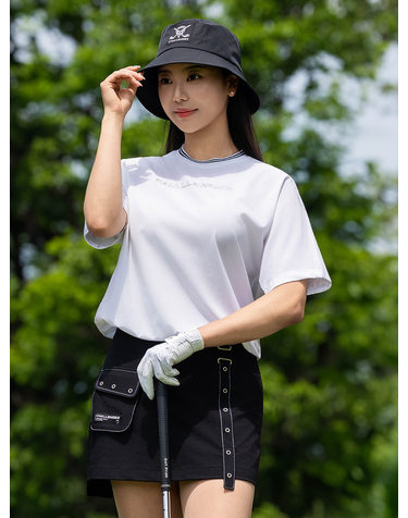 여성 루즈핏 스트링 라운드 반팔 우븐탑 화이트