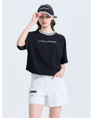 여성 루즈핏 스트링 라운드 반팔 우븐탑 블랙