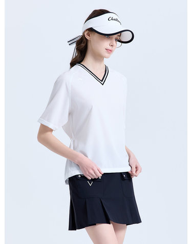 여성 베이직 브이넥 반팔 우븐탑 화이트