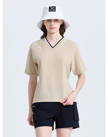 여성 베이직 브이넥 반팔 우븐탑 베이지