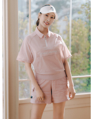 여성 모노엣지 지퍼 카라 반팔 우븐탑 인디핑크