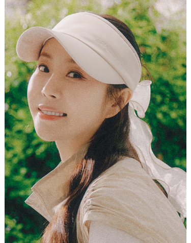 여성 메탈 로고 오간자 리본 탈부착 밴딩 썬캡 베이지