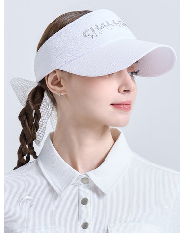 여성 픽셀 로고 리본 탈부착 밴딩 썬캡 화이트