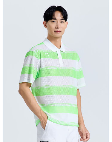 남성 메쉬 스트라이프 카라 반팔 티셔츠 네온그린