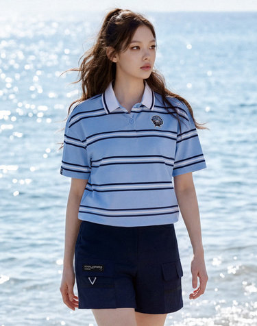 여성 스트라이프 PQ 카라 반팔 티셔츠 스카이블루